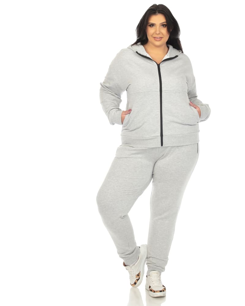 Front of a model wearing a size 2X Two Piece Fleece Tracksuit Set in Gray by White Mark. | dia_product_style_image_id:324440